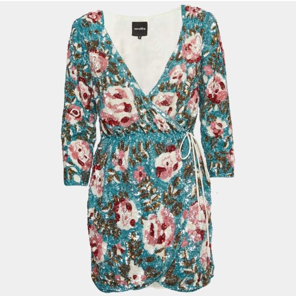 Retrofete Blue Floral Pattern Sequin Embellished Crepe Wrap Dress S - NWT - Picture 2 of 15